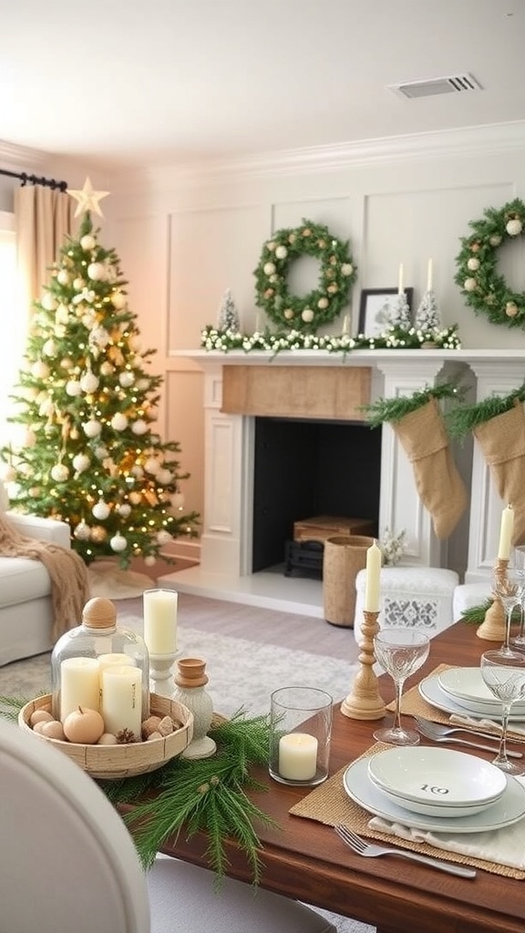 Neutral Christmas Decor Ideas A neutral-themed Christmas living room with a white tree, burlap stockings, and elegant table decor.